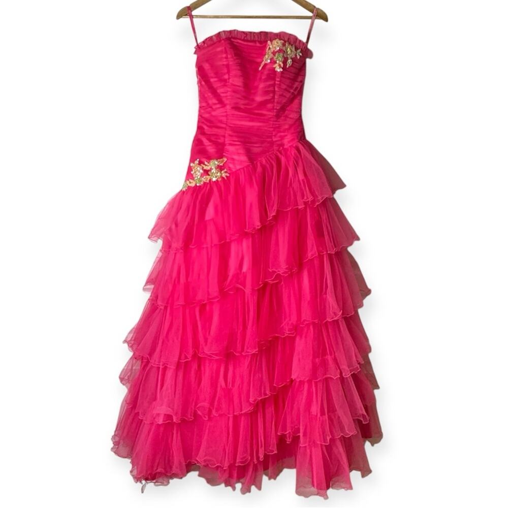 Maggie Sottero Strapless Corset Tulle Prom Gown Ruffled Embroidered Hot Pink 4